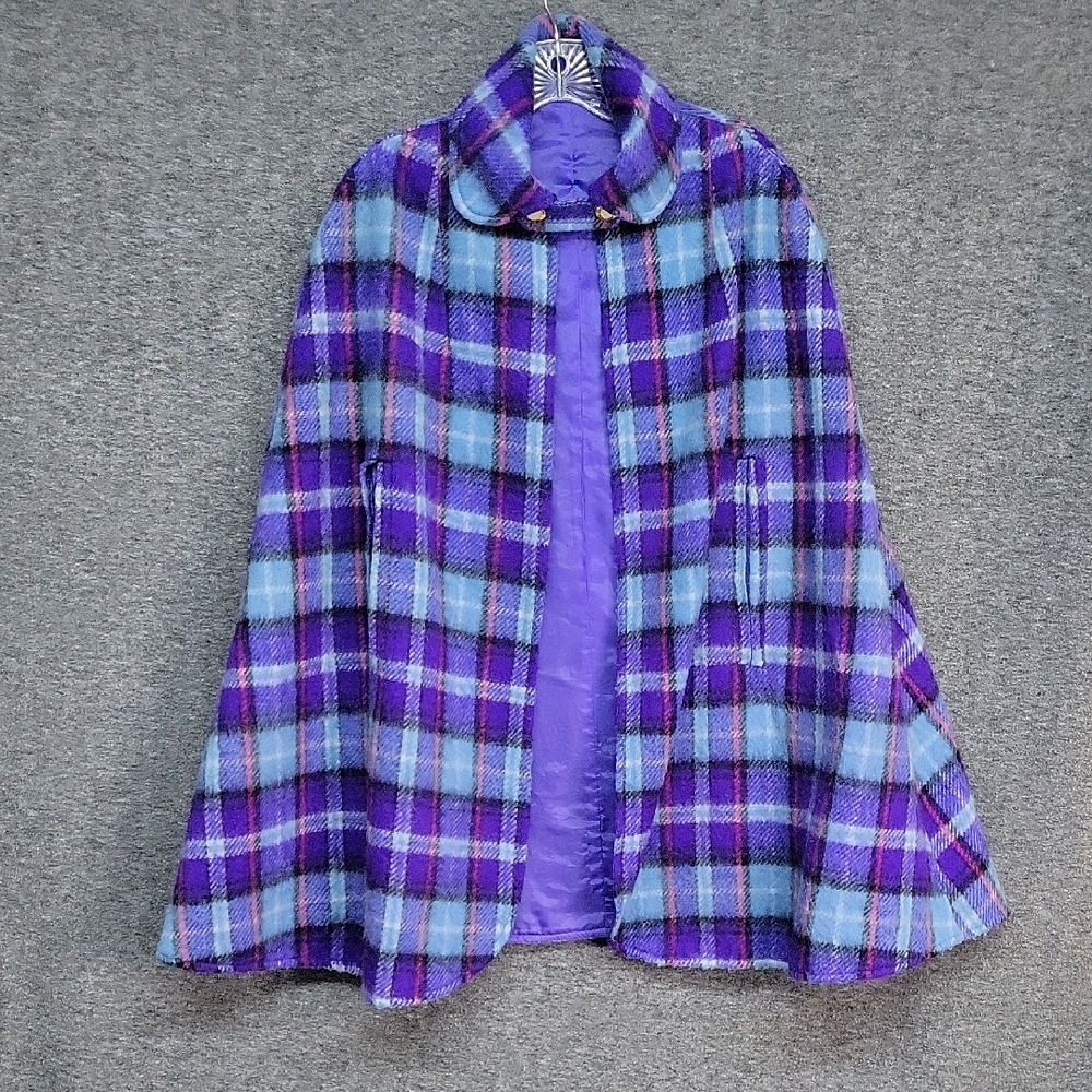 Purple Plaid Wool Blend Lined Poncho/Cape 32" Length Handmade